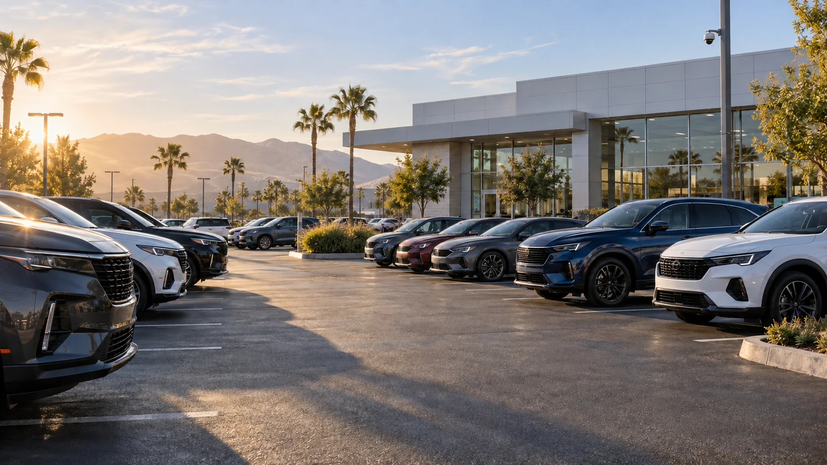 Illustrative golden-hour view of SUVs lined up in front of a glass-fronted dealership