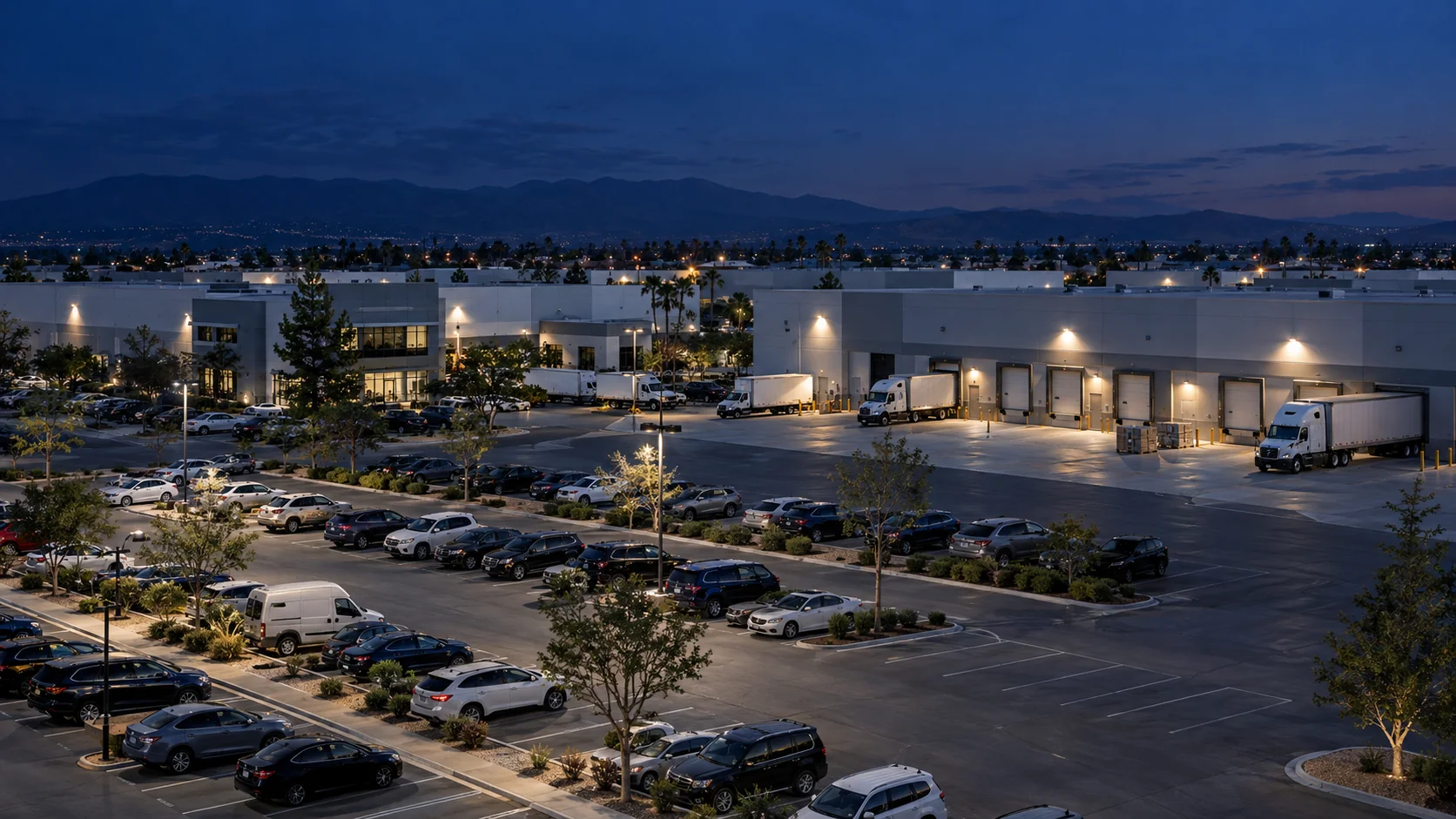 Illustrative dusk view over a commercial facility: a lit car park with rows of vehicles in the foreground and loading docks behind.