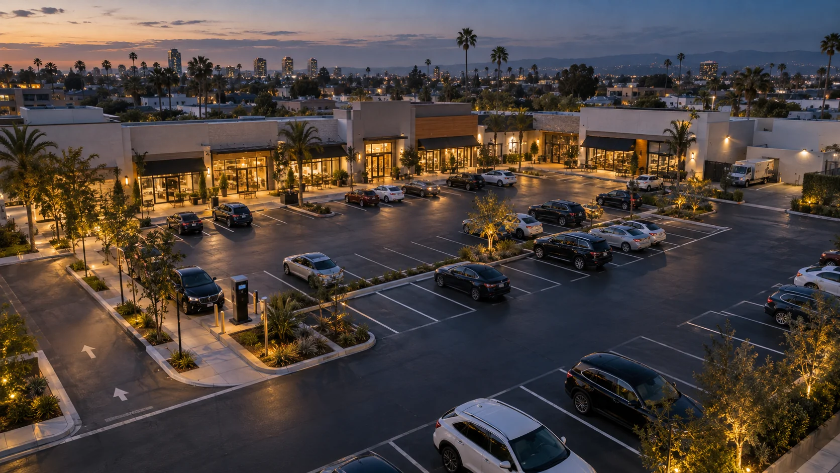Illustrative AI-created dusk aerial of a fictional strip retail center: storefronts behind an open surface lot with planted islands, a pay station on a walkway and a delivery truck at the loading area