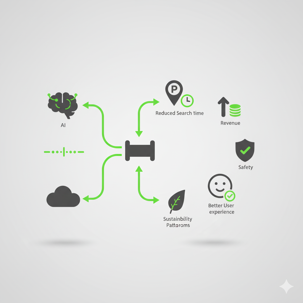 Flowchart demonstrating ParkSense AI technology creating urban efficiency and benefits.